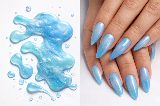 Blue nail polish with a close-up of hands wearing light blue nails on a white background