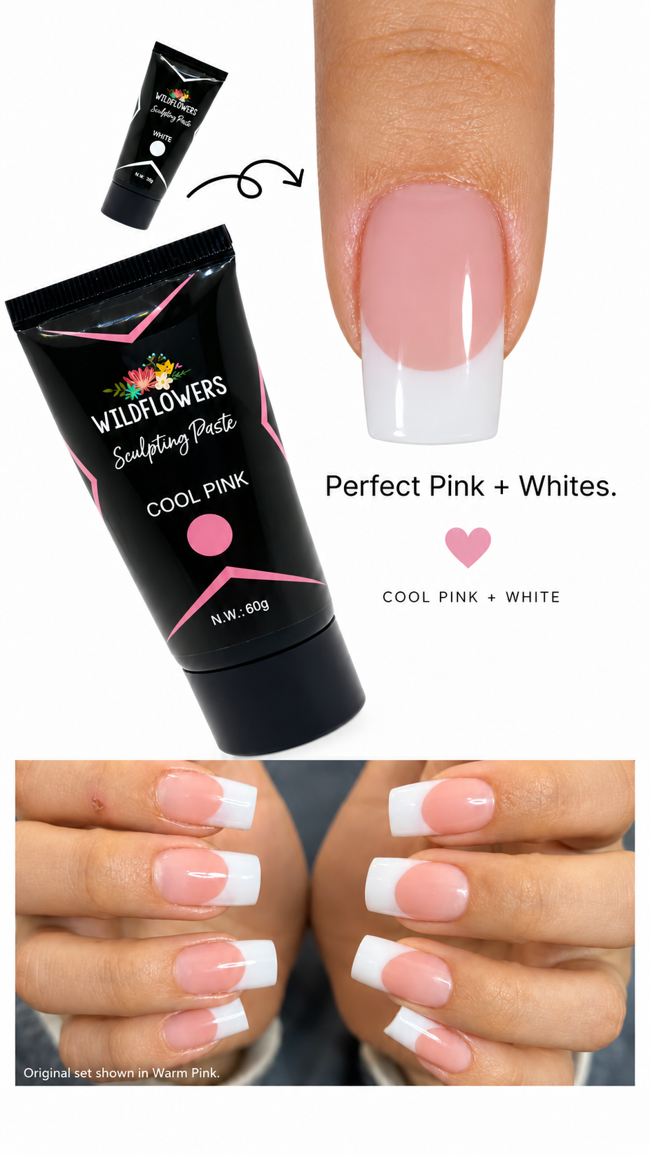Wildflowers cool pink and white Sculpting Paste with a French nail close-up and pink-and-white manicure