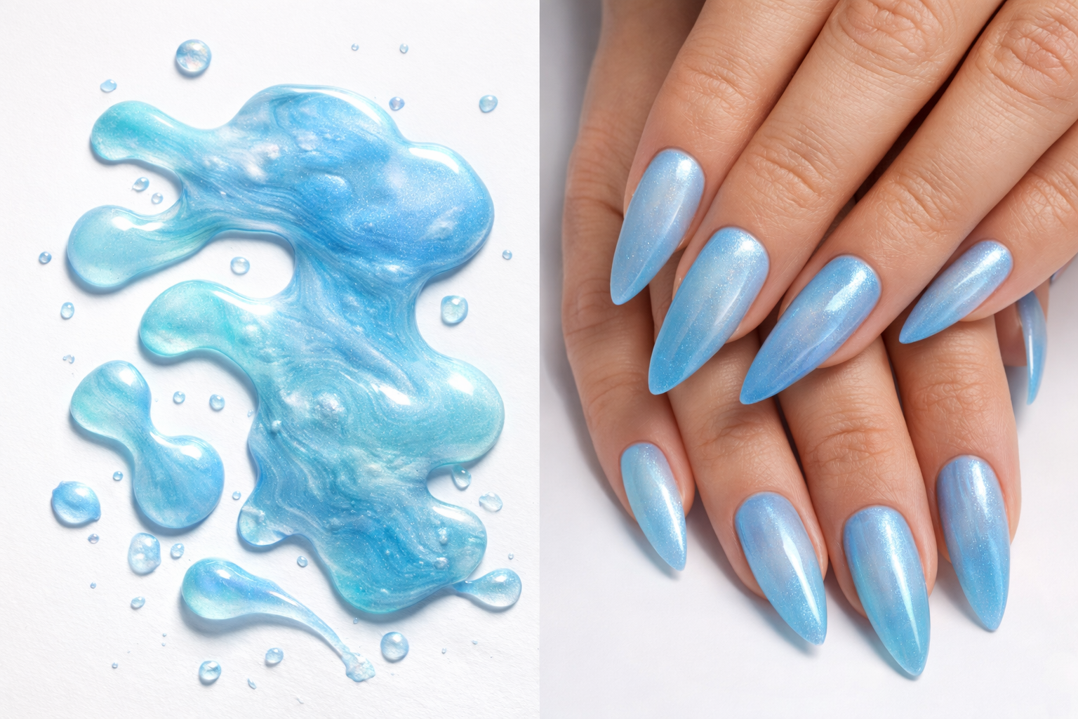 Blue nail polish with a close-up of hands wearing light blue nails on a white background