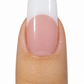 Close-up of a square French nail with a cool pink nail bed and white tip on a white background