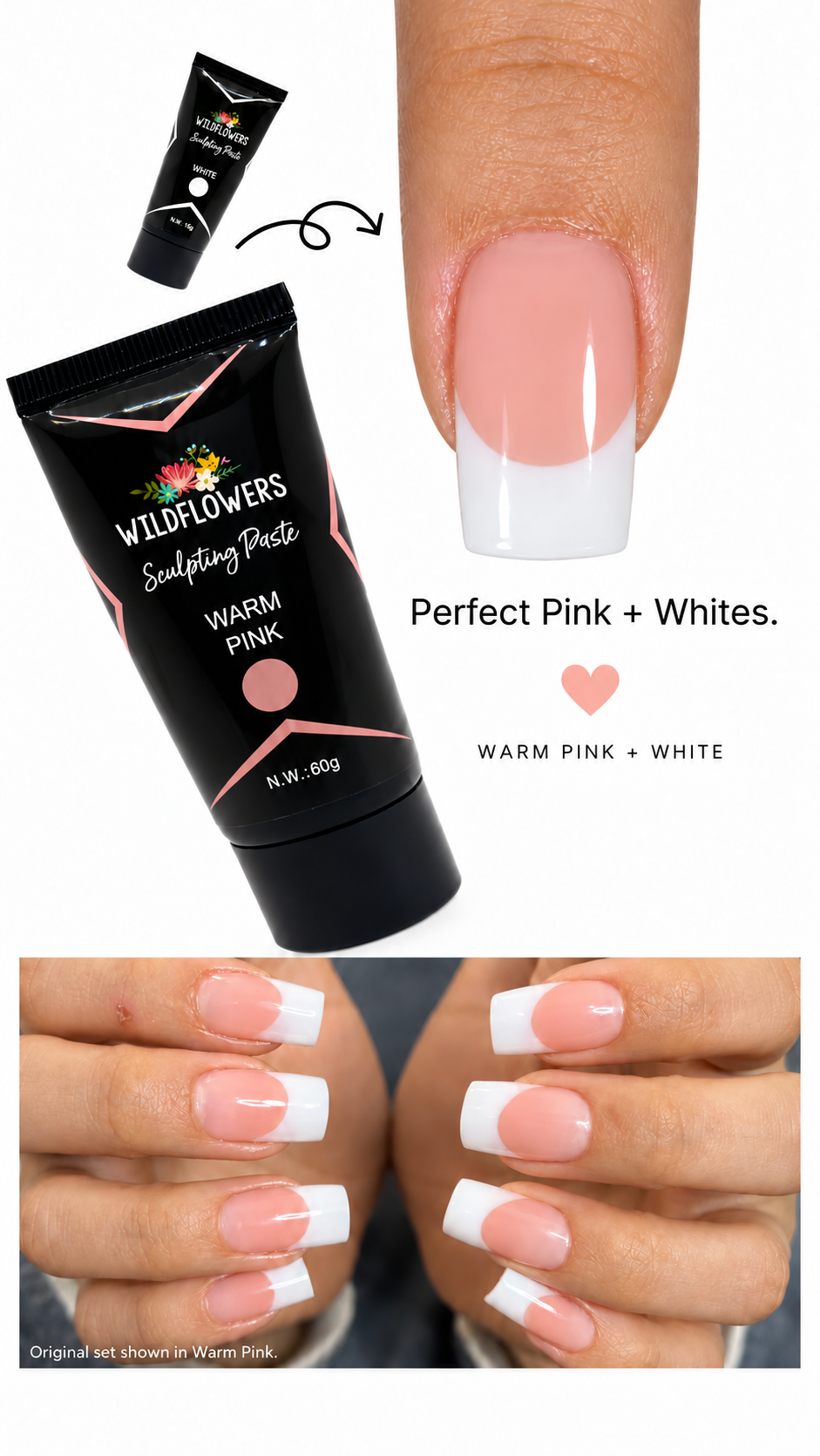 Wildflowers warm pink and white Sculpting Paste with a French nail close-up and pink-and-white manicure